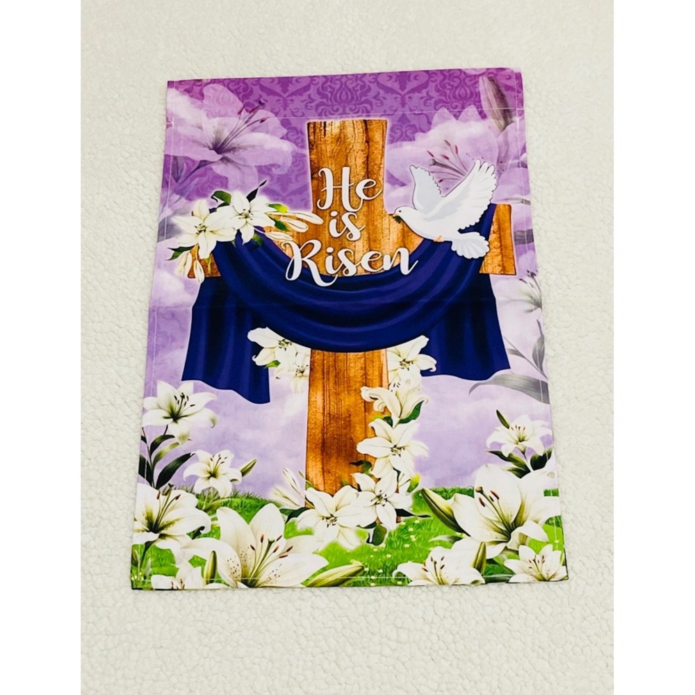 He is Risen Jesus Cross Religious Easter Garden Flag 12x18